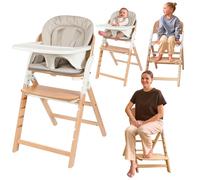 Chaise haute en bois LIONELO Megan, évolutive de 6 mois à 110 kg, repose-pieds réglable, harnais à 5 points, coussin d'assise, facile à nettoyer - Blanc