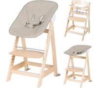 Chaise Haute Évolutive 2-en-1 Roba Born Up, Transat Inclinable Gris Clair Matelassé, Bois Naturel, Jusqu'à 70 kg