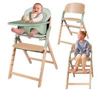 Lionelo Megan Chaise Haute Bébé Évolutive en Bois, 6 Mois à 110 kg | Siège 3 niveaux, repose-pieds 5 niveaux, harnais 5 points, coussin lavable, insert silicone lave-vaisselle, Vert