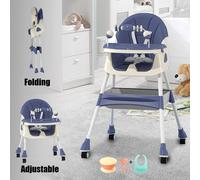 Chaise haute pliable pour enfants - 3 en 1 - Plateau double couche - Rangement pour jouets - Tapis antidérapant - Facile à nettoyer - Bleu