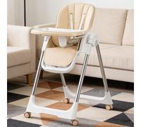 Chaise haute pliable, réglable en hauteur, avec harnais 5 points, couleur beige, dimensions : 51 x 77 x 103 cm