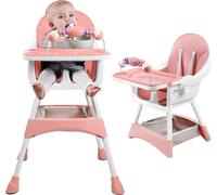 Chaise haute pour bébé - Chaise haute - Réglable en hauteur - Convertible haute/basse - Plateau amovible - Ceinture de sécurité - Repose-pieds - Assise rembourrée - Rose