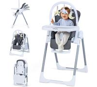 Chaise haute pour enfant COSTWAY, Chaise bébé avec fonction transat, dossier, barre de jeu & roulettes, Chaise haute pour enfant à partir de 6 mois (Gris foncé)