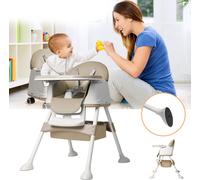 Chaise haute pour enfant UISEBRT Réglable en hauteur avec 4 roulettes et tablette triple, Chaise bébé multifonctionnelle avec languette de traction, Chaise haute combinée pour bébé, Beige