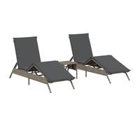 Chaise longue 2 pièces avec table basse grise en polyrotin réglable | Chaise longue avec coussin déhoussable, dossier 4 positions, repose-pieds 3 niveaux, structure en acier, usage extérieur