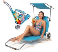 Chaise longue à roulettes avec toit Chaise longue pliante Dossier réglable jusqu'à 120 kg Bleu