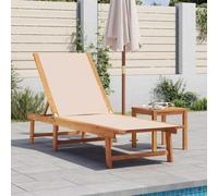 Chaise Longue Bois Acacia crème avec Table de Jardin, Dossier réglable 5 Positions, transat Solide en Acacia Massif et textilène Durable, Meuble extérieur pour détente au Soleil,