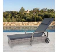 Mendler Chaise longue Carrara – Bain de soleil poly-rattan aluminium gris, coussin gris foncé