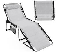 Chaise longue COSTWAY avec appui-tête et poche latérale, chaise longue de jardin pliable avec dossier réglable, chaise longue de plage pouvant supporter jusqu'à 200 kg, 188 x 69 x 41 cm, gris