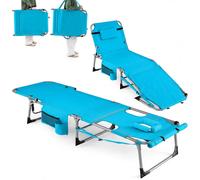 Chaise longue COSTWAY avec trou pour la tête, chaise longue de jardin pliable avec dossier et repose-pieds réglables, coussin amovible et poche latérale, couleur turquoise