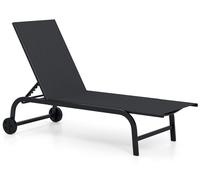 Chaise longue COSTWAY, chaise longue de jardin avec dossier réglable en 6 positions, roulettes et tissu à séchage rapide, chaise longue pliable pouvant supporter jusqu'à 150 kg, chaise longue noire