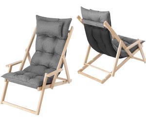 Chaise longue de jardin "MARLENA" (53x101x94 cm) en bois de pin avec support & coussin - réglable en 3 positions, coussin de 8 cm, naturel - HobbyGarden