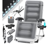 KESSER® Chaise longue pliable XXL, résistante aux intempéries, capacité de charge 200 kg, revêtement ergonomique, dossier réglable, coussin cervical, porte-gobelet et coussin pour bras, Basic - Gris