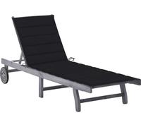 Chaise longue de jardin, réglable à roulettes, bois d'acacia massif gris délavé, avec coussin noir, 200x59/63x30/62/76/85 cm, charge max. 110 kg