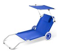 Casaria Chaise longue de plage Crête Bleu transat pliable chariot de transport avec pare soleil réglable camping voyage