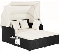 Chaise longue en polyrotin COSTWAY avec auvent rétractable, chaise longue de jardin pour 2 personnes avec tablette rabattable, coussins d'assise et de dossier, salon de jardin