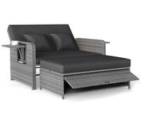 Chaise longue en polyrotin COSTWAY, chaise longue de jardin avec dossier réglable et tablette latérale rabattable, lit de détente, canapé de jardin double, noir