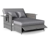 Chaise longue en polyrotin COSTWAY, chaise longue de jardin avec dossier réglable et tablette latérale rabattable, lit de repos, canapé de jardin double gris