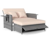 Chaise longue en polyrotin COSTWAY, chaise longue de jardin avec dossier réglable et tablette latérale rabattable, lit de repos, canapé de jardin double beige