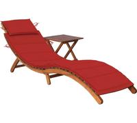 Chaise longue pliable, Bains de soleil ergonomique, Bois d'acacia massif, Coussin rouge 186x58x4 cm, Table d'appoint 40x40x40 cm, Charge max 110 kg
