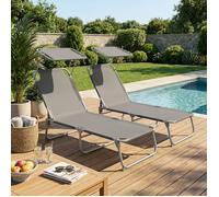 Chaise Longue Pliants Extérieur, Dossier et Pare-Soleil Réglables, Chaises Longues, pour Balcon, Terrasse, Lot de 2, Gris