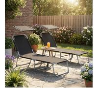 Chaise Longue Pliants Extérieur, Dossier et Pare-Soleil Réglables, Chaises Longues, pour Balcon, Terrasse, Lot de 2, Noir