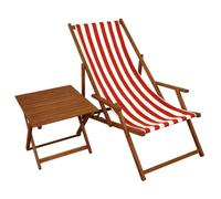 Chaise longue rayures rouge et blanc, chilienne, bain de soleil pliant avec petite table 10-314T