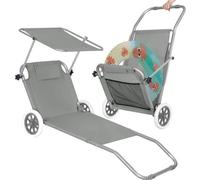 Chaise longue de plage Chaise longue de transport Chaise longue de jardin avec roues et toit solaire - Gris