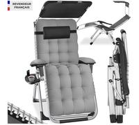 Chaise longue pliable avec pare-soleil et reposes-pieds gris clair