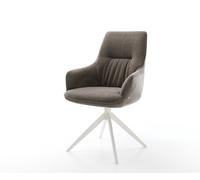 Chaise-pivotante Zelia-Flex avec accoudoirs tissu structuré doux taupe pied croisé large blanc pivotement sur 360° fonction bascule ressorts ensachés