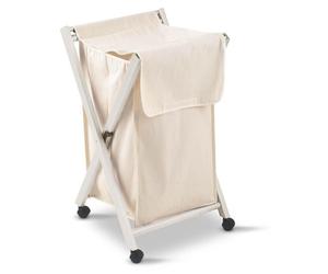 Chaise pliante Banny 605 en hêtre et coton, 44 cm de large, 78 cm de haut, équipée de roulettes pivotantes en caoutchouc
