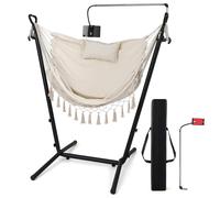 Chaise suspendue COSTWAY avec support, siège suspendu réglable en hauteur avec support pour téléphone portable, coussin & poche latérale, chaise suspendue Balançoire suspendue jusqu'à 250kg, Beige