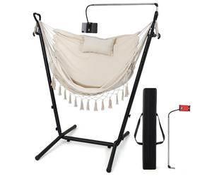 Chaise suspendue COSTWAY avec support, siège suspendu réglable en hauteur avec support pour téléphone portable, coussin & poche latérale, chaise suspendue Balançoire suspendue jusqu'à 250kg, Beige