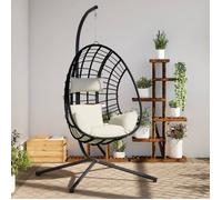 Chaise suspendue en forme d œuf et support beige rotin et acier