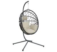 Chaise suspendue en forme d'œuf et support beige rotin et acier