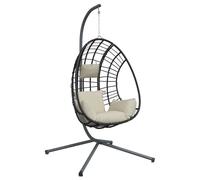 Chaise suspendue en forme d'œuf et support beige rotin et acier