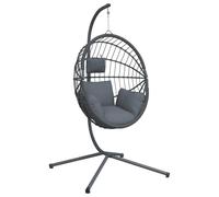 Chaise suspendue en forme d'œuf et support gris rotin et acier
