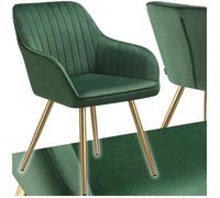 Chaise - TECTAKE - Fauteuil de salle à manger MARYLIN aspect velours et matelassé avec pieds en acier doré - Vert Foncé/Or