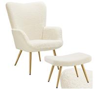 Chaise - TECTAKE - Fauteuil HYGGE en acier et polyester à l'aspect bou vec tabouret, 72 x 76 x 100,5 cm - Crème/Or