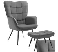 Chaise - TECTAKE - Fauteuil HYGGE en acier et polyester, aspect velours côtelé avec tabouret, 72 x 76 x 100,5 cm - Anthracite/Noir