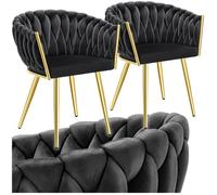 Chaise - TECTAKE - Lot de 2 fauteuils ASTANO en velours, design noué avec pieds fin en acier, 60,5 x 55 x 75 cm - Noir/Or