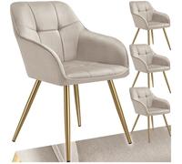 Chaise - TECTAKE - Lot de 4 chaises MARYLIN effet velours capitonné rembourrée et pieds acier doré, 58 x 62 x 82 cm - Taupe/Or