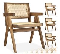 tectake® Lot de 4 Chaise de Salle à Manger Design en Chêne Bois massif & Cannage Chaise de table à manger avec Accoudoirs Chaise Confortable pour coiffeuse, chambre, cuisine, bureau, cabinet, dressing