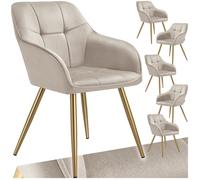 Chaise - TECTAKE - Lot de 6 chaises MARYLIN effet velours capitonné rembourrée et pieds acier doré, 58 x 62 x 82 cm - Taupe/Or