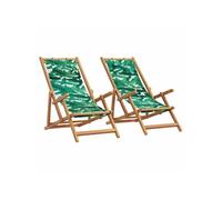 vidaXL Chaises de plage 2 pcs. Pliable Motif Feuilles Tissu et bois massif