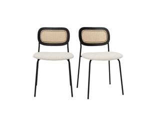 Chaises design en tissu effet laine bou blanc, métal noir et cannage rotin (lot de 2) MIRANDA