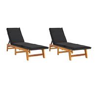 Chaises Longues 2 pcs Avec Oreillers Poly Rattan Et Bois D'Acacia Massif | Dossier réglable, 4 positions, coussin épais, résistant aux intempéries, facile d'entretien, pour piscine, terrasse et jardin