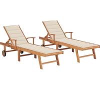Chaises longues lot de 2 avec coussin crème Bois de teck solide