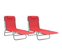 Chaises longues pliantes 2 pcs Textile Acier Rouge pour Jardin | Dossier réglable, cadre en acier enduit de poudre, textilène résistant aux UV, pliable compact, poignée latérale