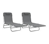 Chaises longues pliantes 2 PCs Textilene gris et acier avec dossier | Résistance aux UV, cadre en acier enduit de poudre, dossier réglable, poignée latérale intégrée, pliage facile